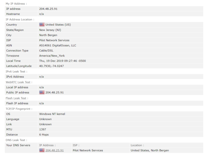Screenshot from Browserleaks.com showing a US IP address, with no IP or DNS leaks