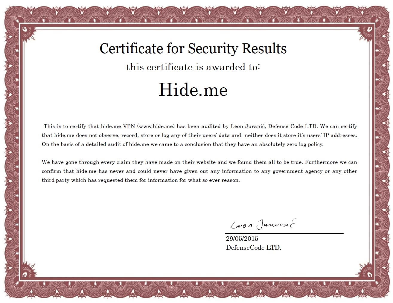 Certificate awarded to Hide.me Certificate awarded to Hide.me