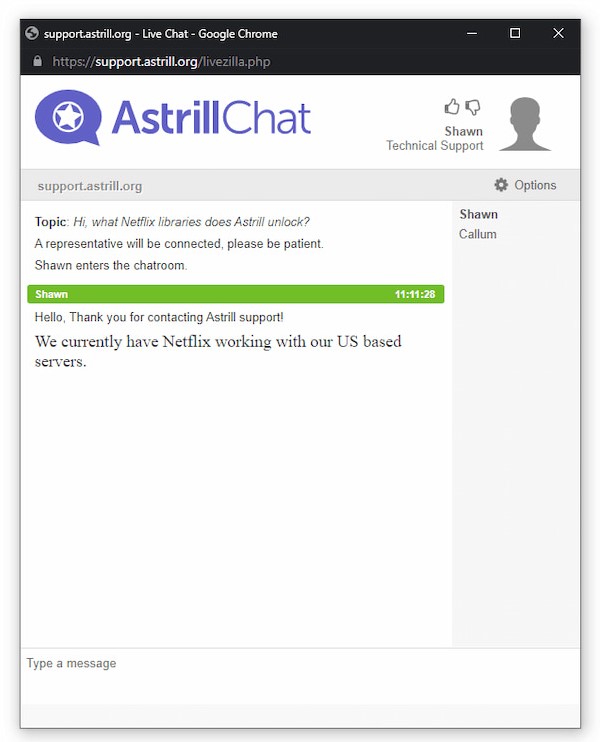 Astrill’s live chat support