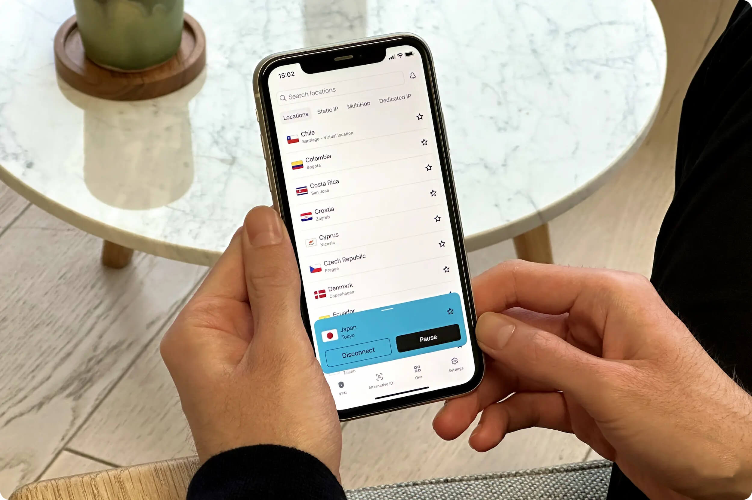The server locations list in the Surfshark iOS client