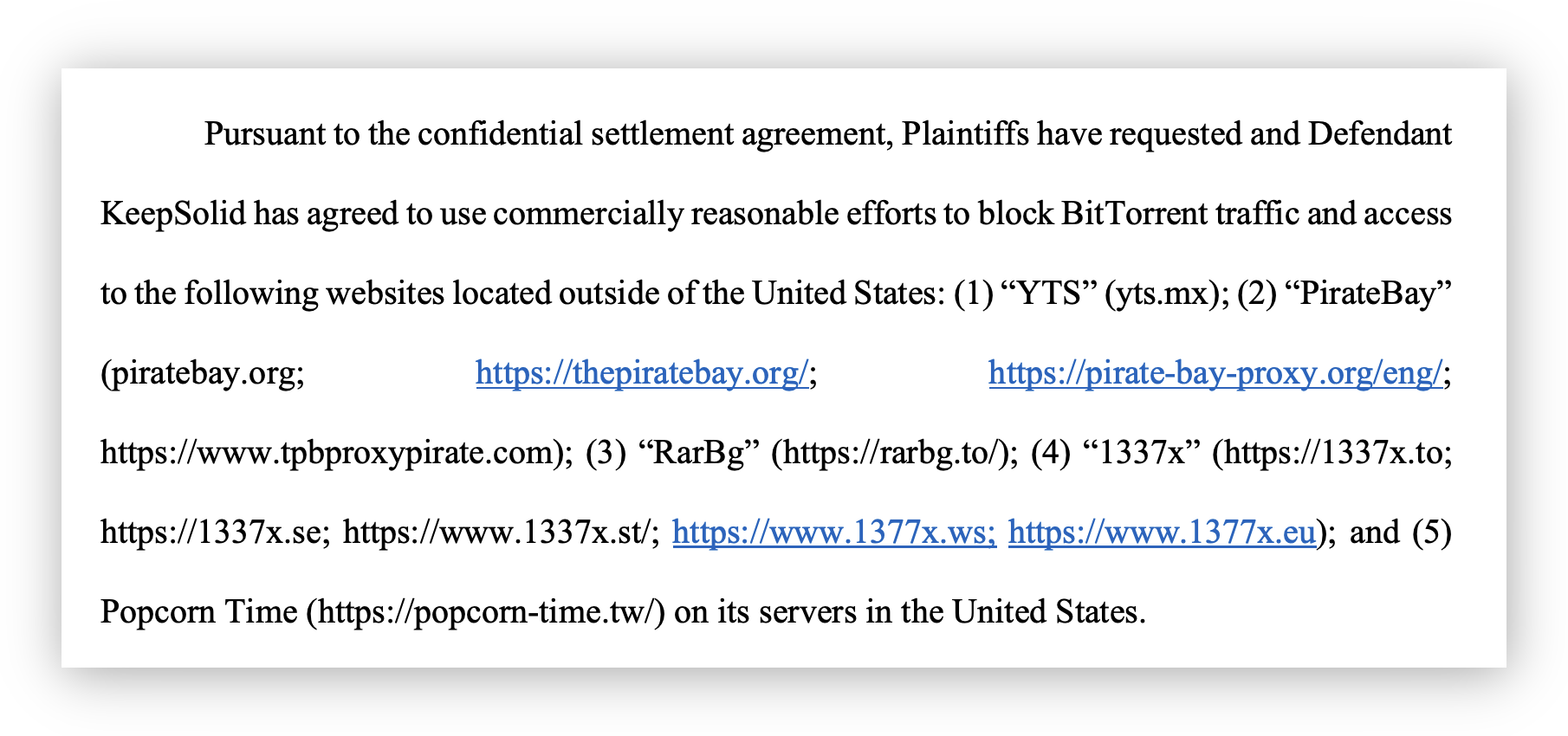 Excerpt from KeepSolid’s Stipulation of Dismissal stating they would block BitTorrent on US servers.
