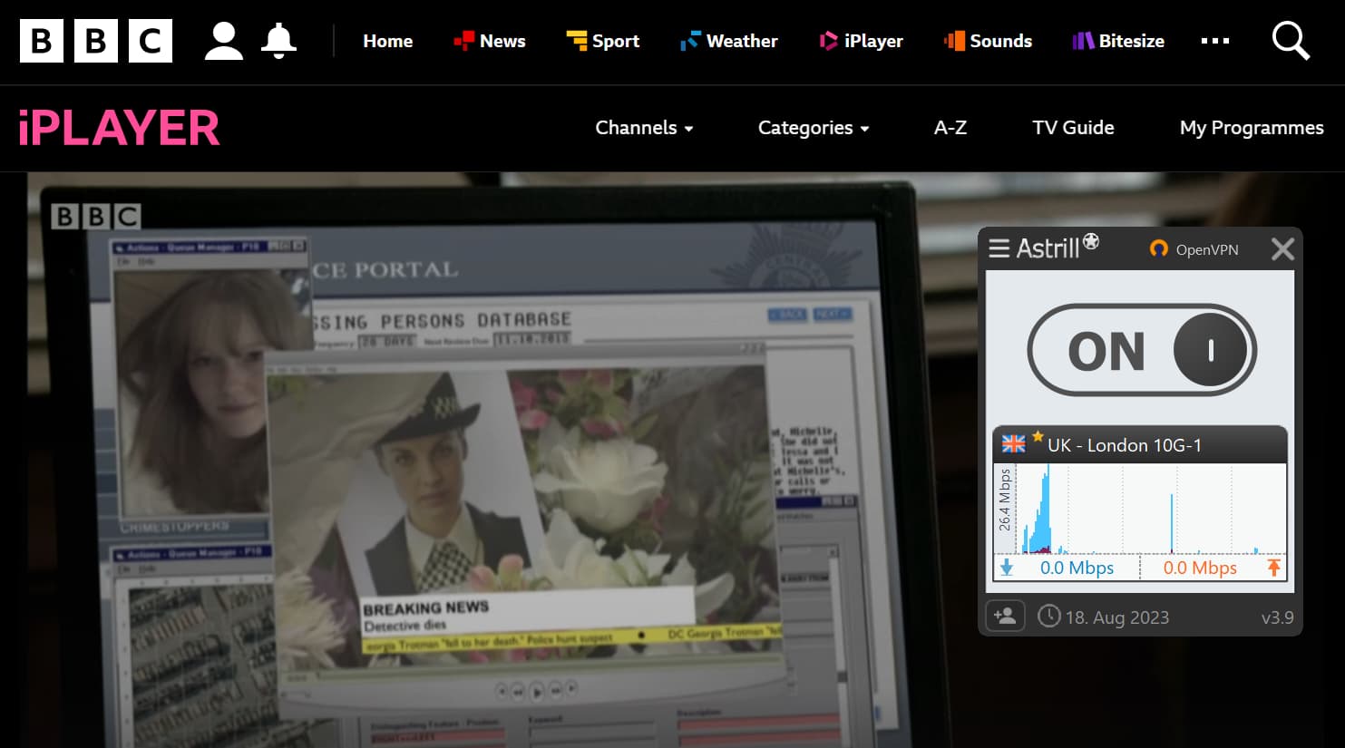 BBC iPlayer loaded faster than ITVX during our Astrill VPN streaming tests