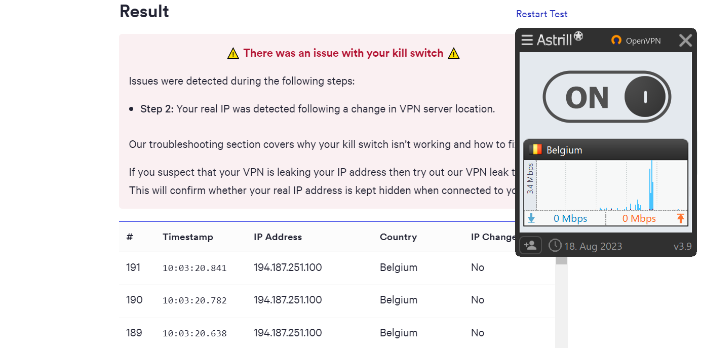 Astrill’s standard kill switch doesn’t activate while changing VPN servers.