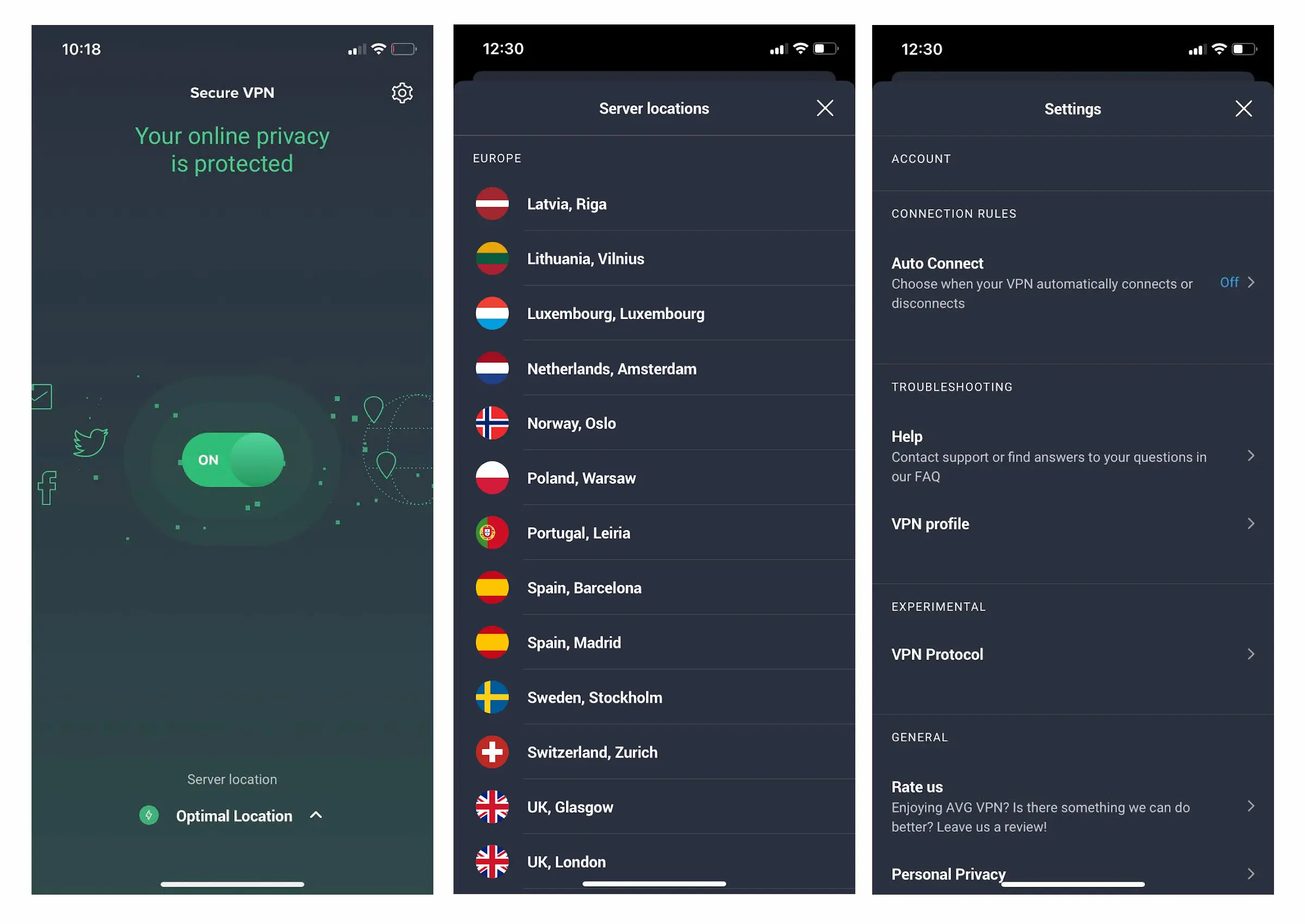 AVG Secure VPN on iOS has fewer settings options than Android