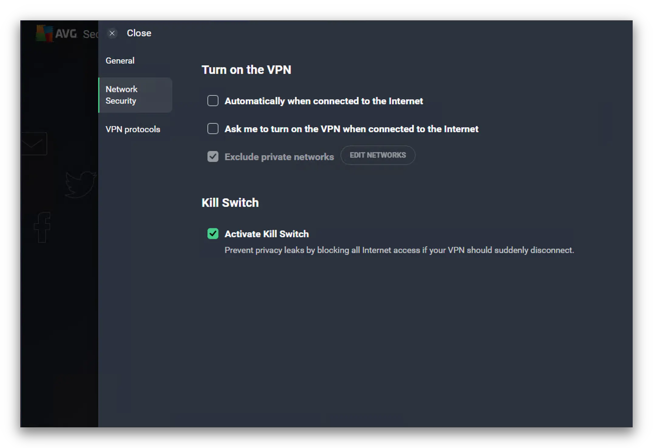 AVG VPN’s sparse security settings as they appear on the Windows app