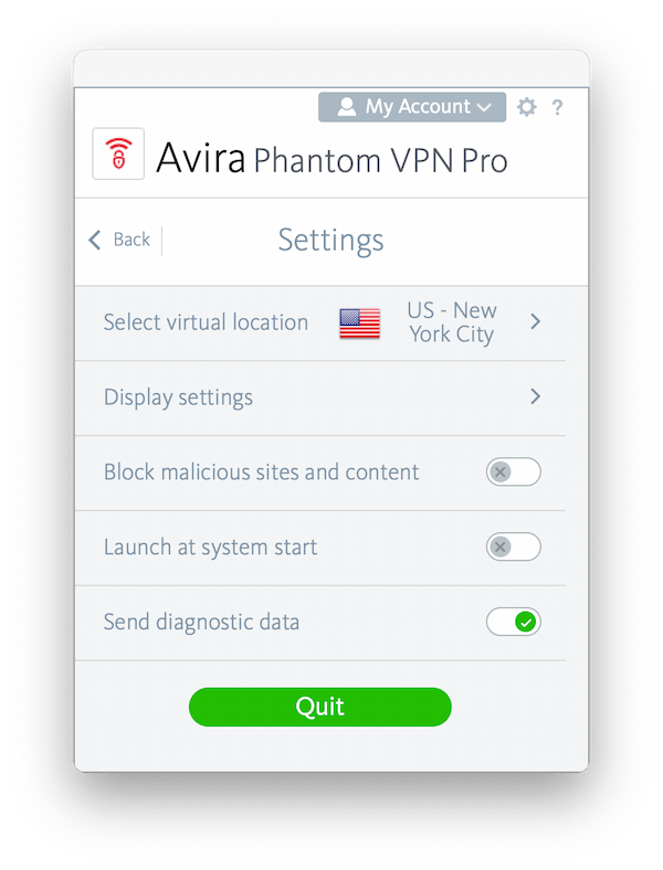 Avira Phantom VPN Pro’s security settings menu Avira Phantom VPN Pro’s security settings menu