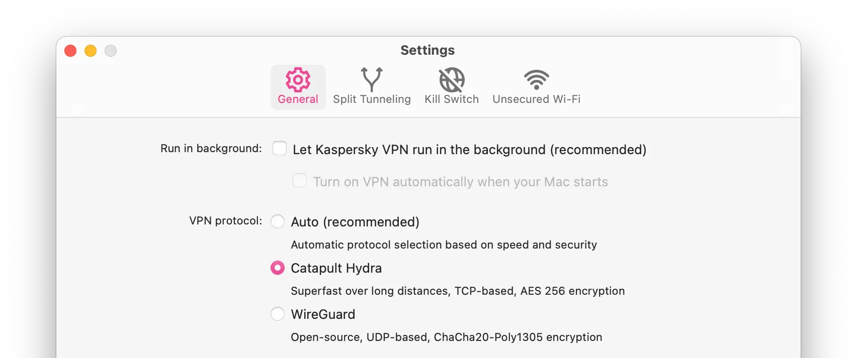 Kaspersky VPN has two protocol options