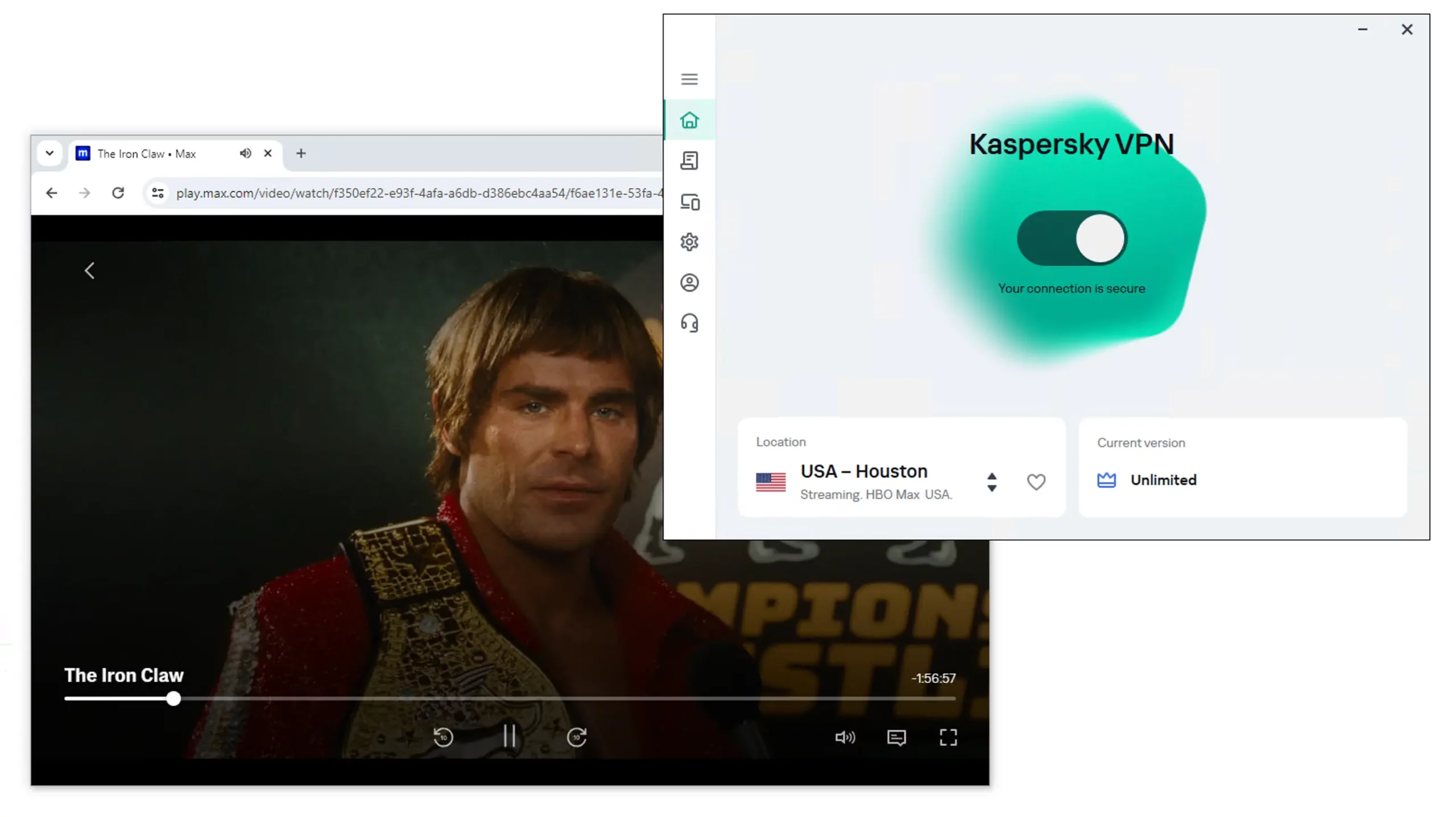 We used Kaspersky VPN to stream The Iron Claw on HBO Max