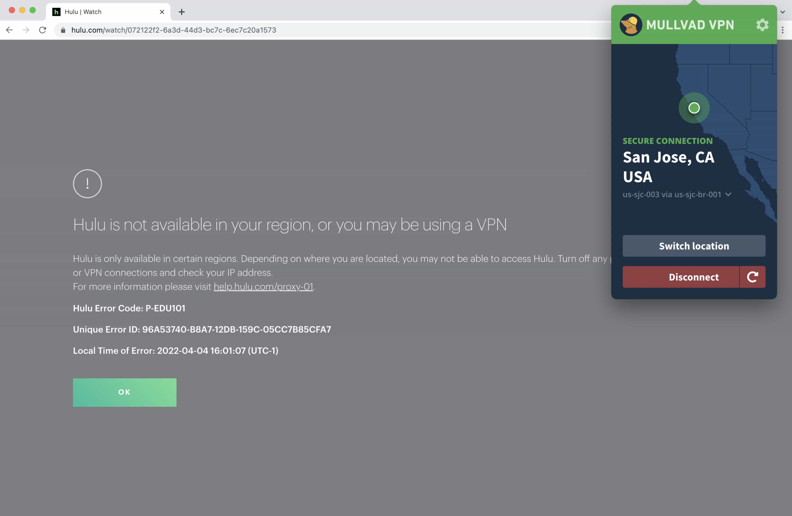 Mullvad failed to unblock Hulu