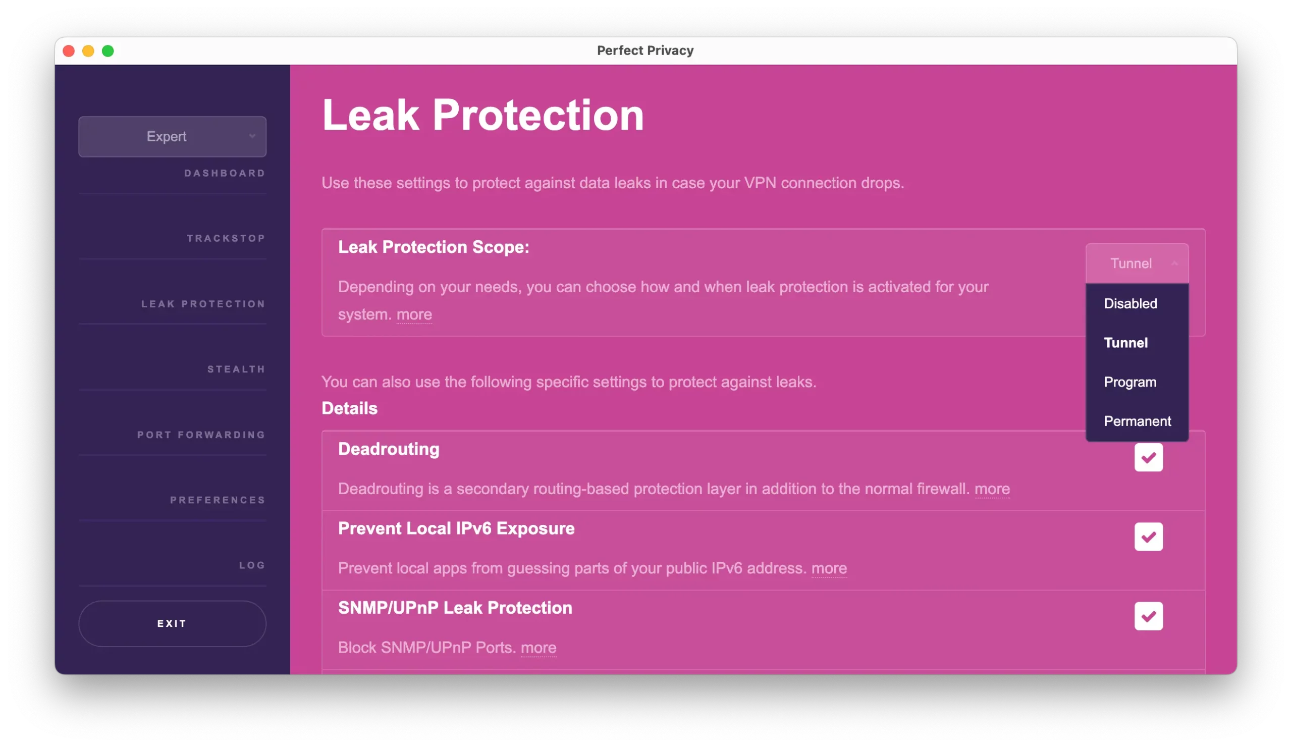 Perfect Privacy’s kill switch and leak protection