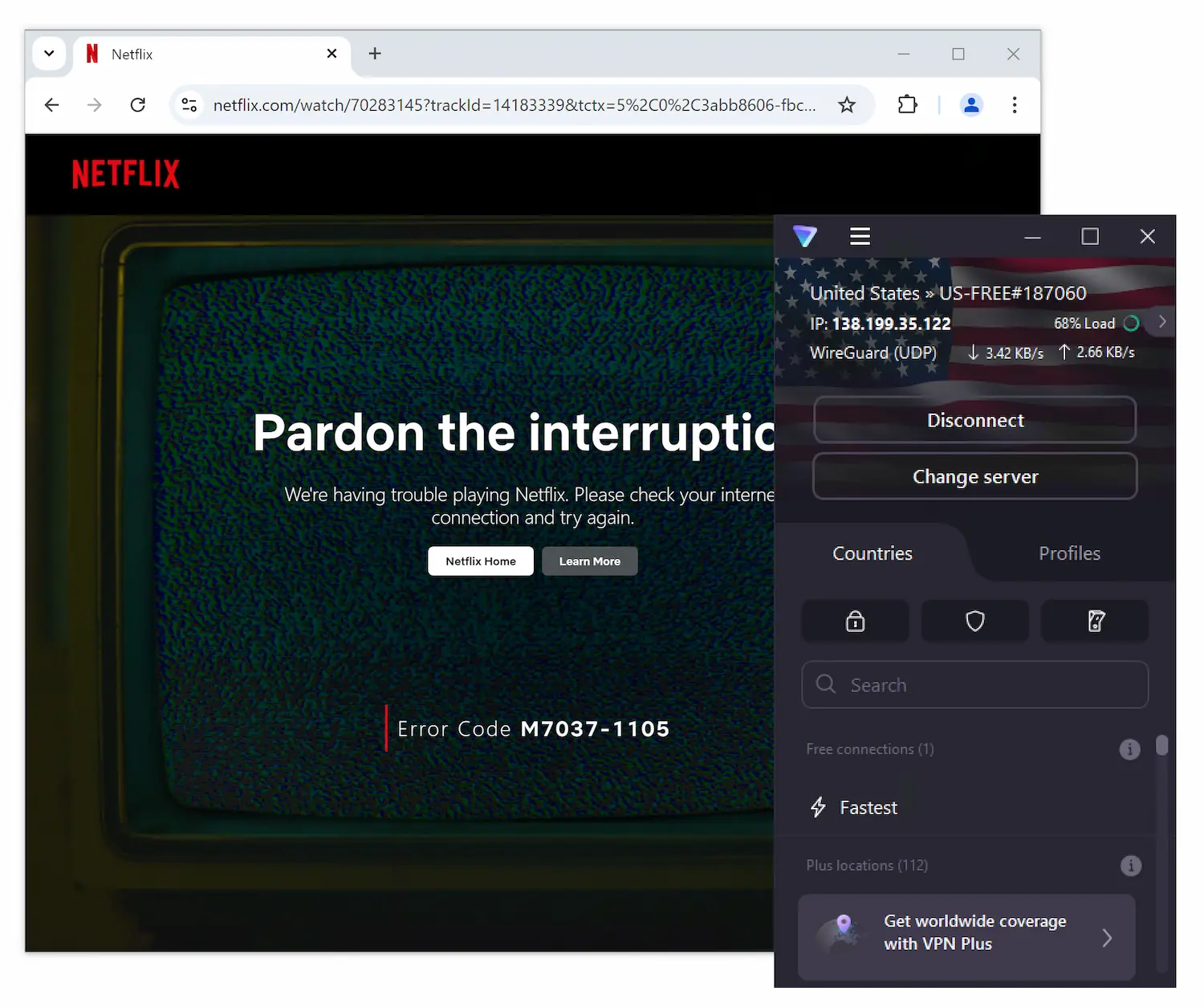 Proton VPN Free can’t bypass Netflix’s geo-blocks Proton VPN Free can’t bypass Netflix’s geo-blocks