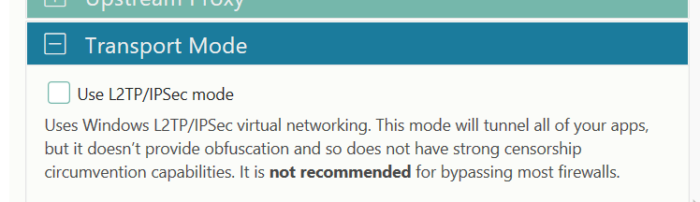 Psiphon’s VPN/Transport Mode in settings Psiphon’s VPN/Transport Mode in settings