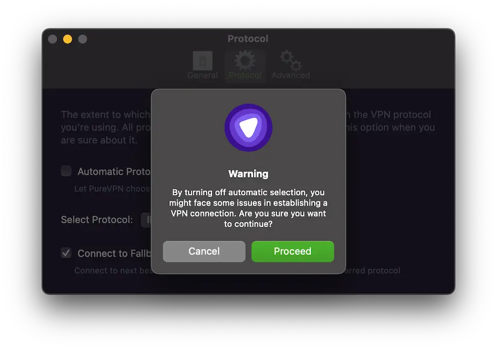 PureVPN deters you from using anything other than the inferior IPSec protocol