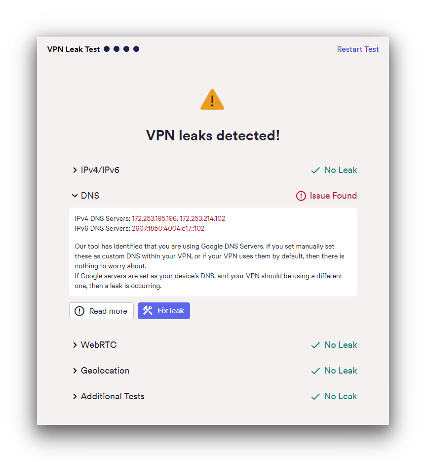 SkyVPN didn’t completely pass our VPN leaks test