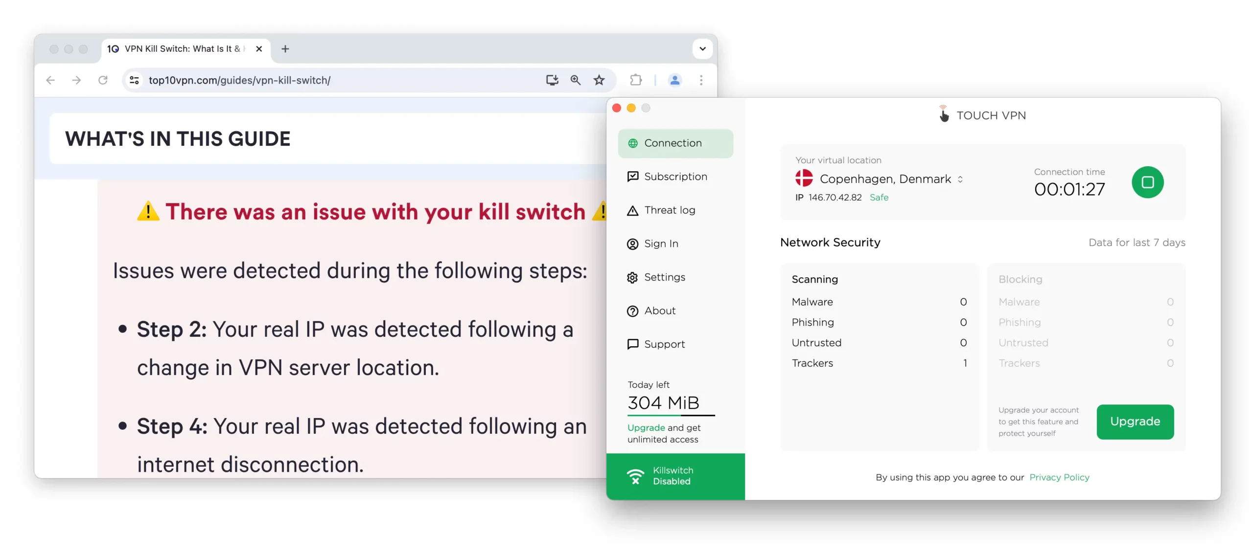 Touch VPN’s kill switch isn’t available on free plans