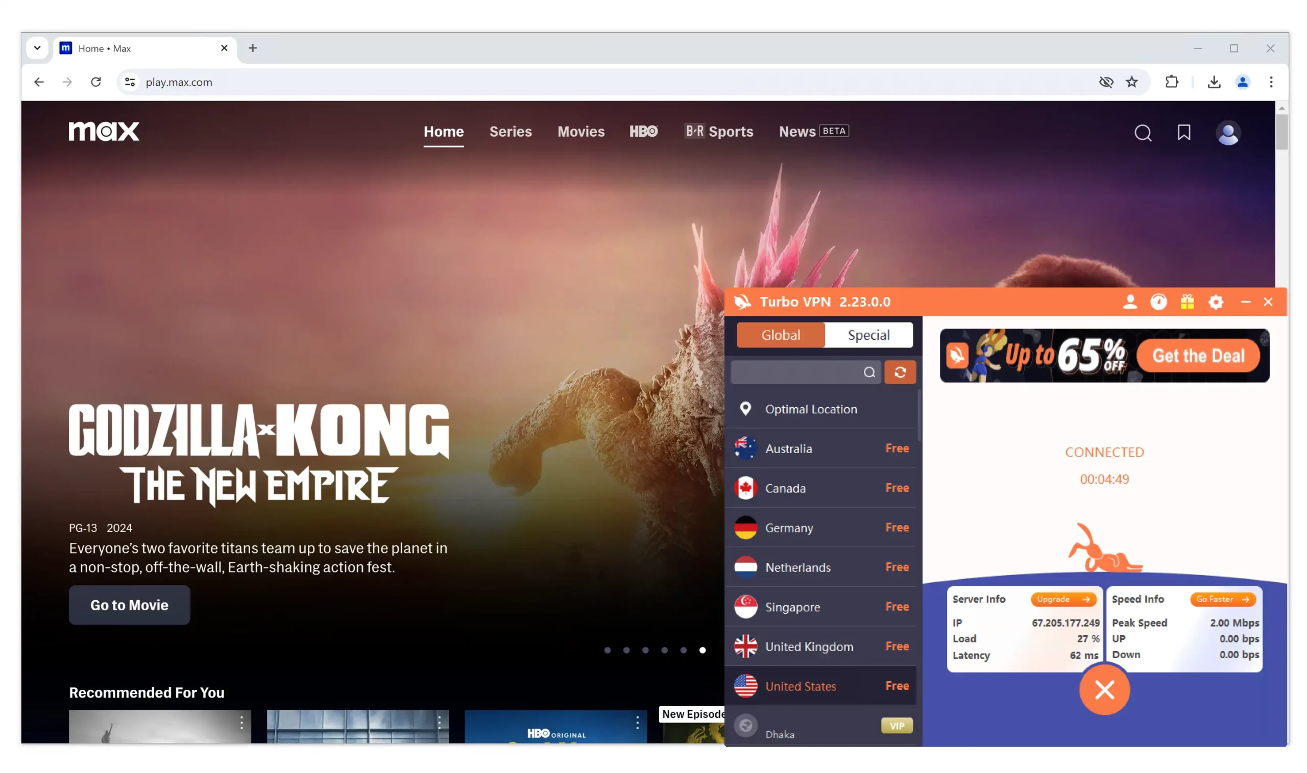 use Turbo VPN to stream Max