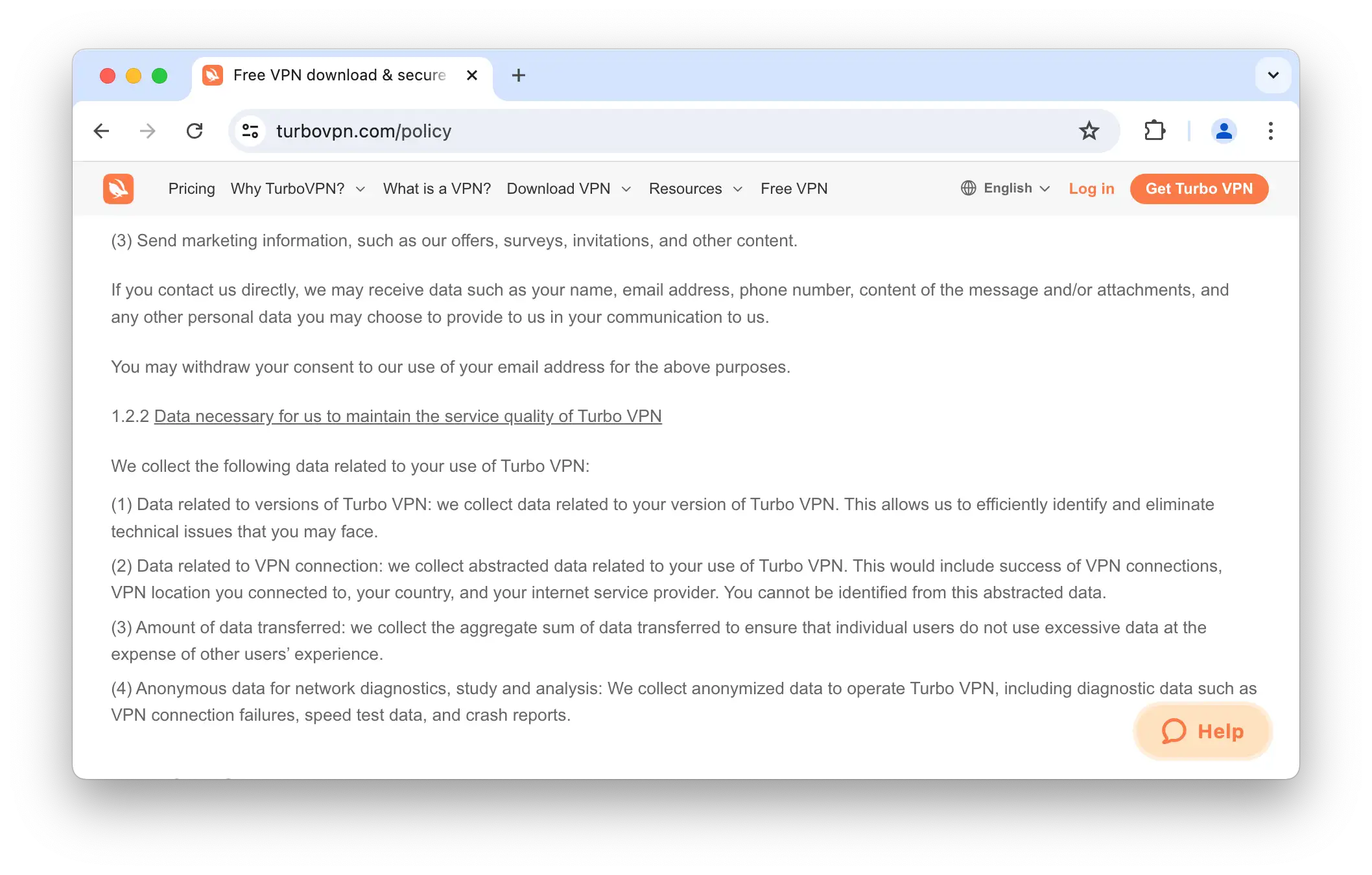 Turbo VPN's full privacy policy
