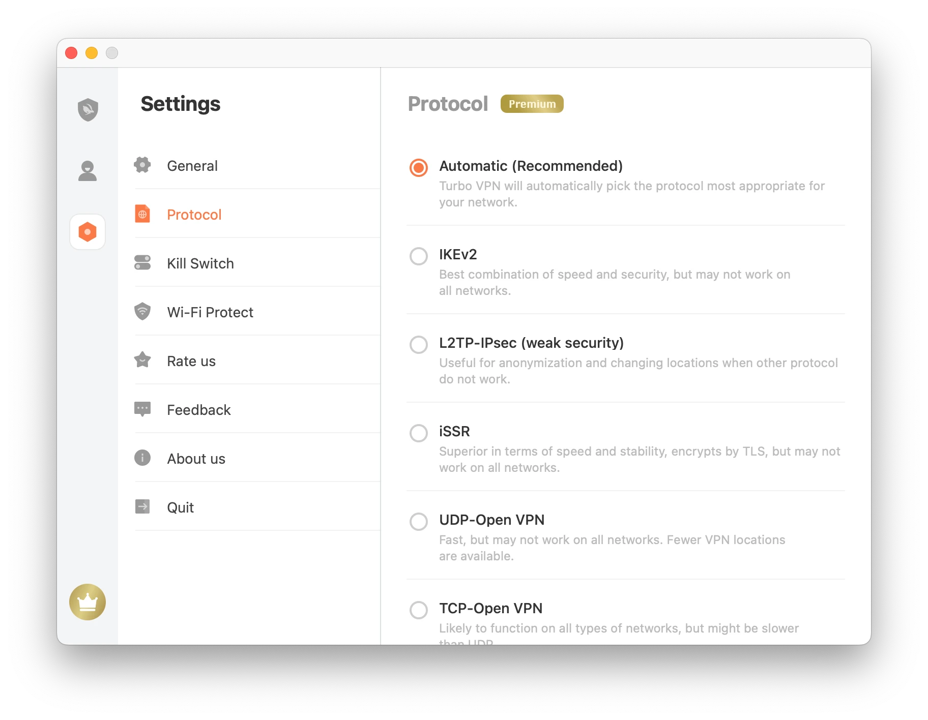 Turbo VPN lists multiple protocols 