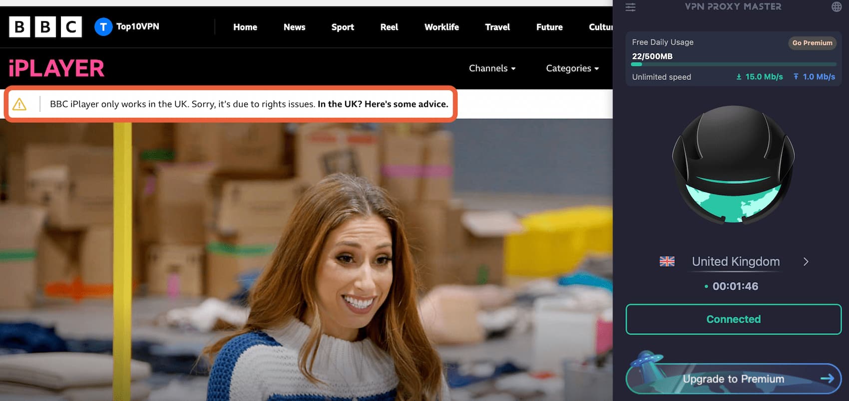 BBC iPlayer detected VPN Proxy Master Free on macOS and blocked us from watching