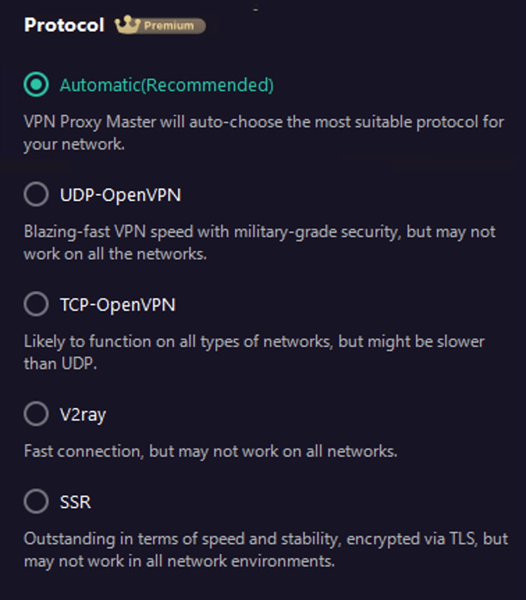 VPN Proxy Master’s protocol selection
