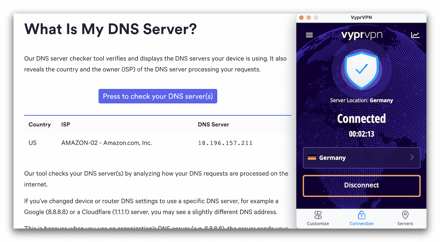 A partial leak test, showing Amazon DNS servers instead of VyprVPN’s