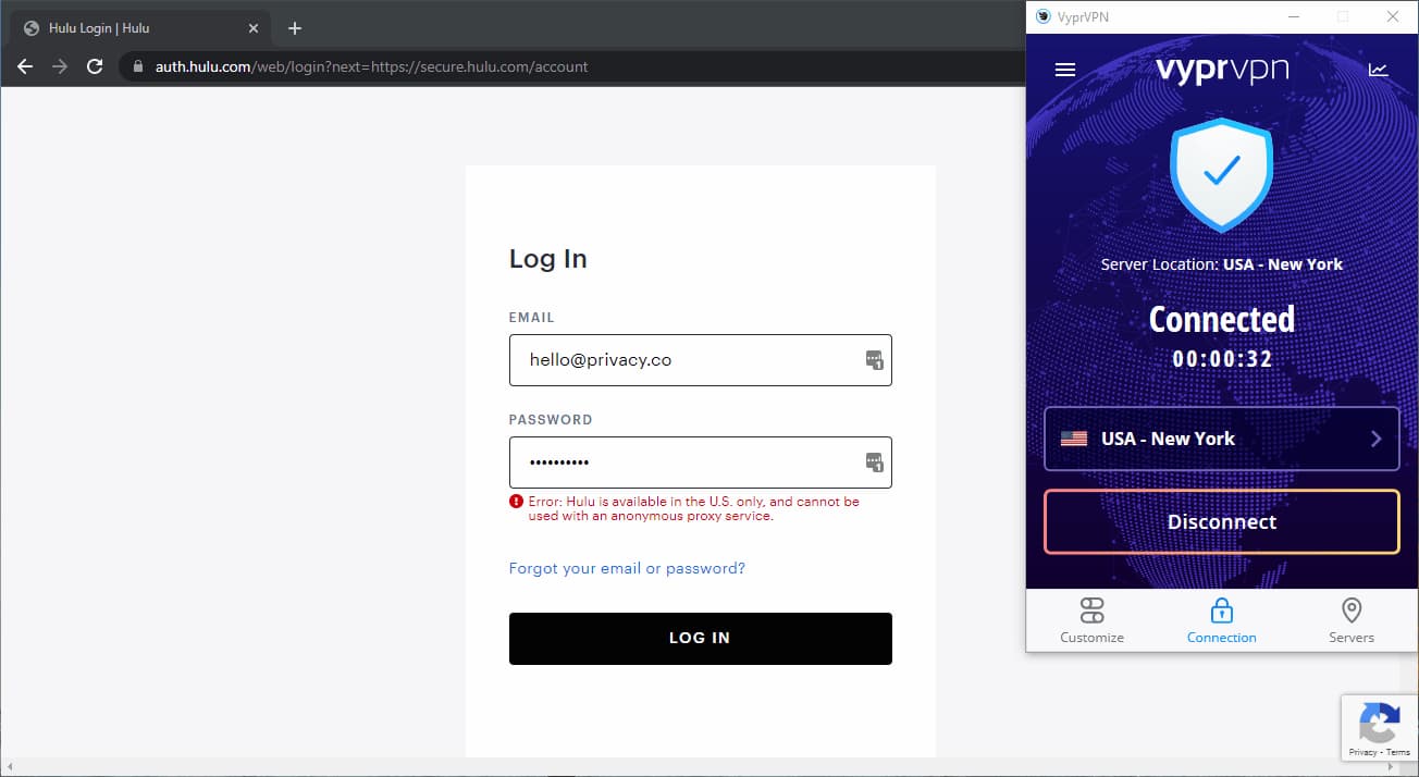 Hulu detected VyprVPN and blocked us from logging in