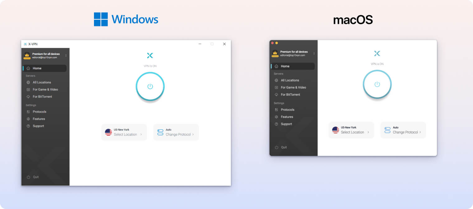 X-VPN is identical on Windows and macOS X-VPN is identical on Windows and macOS