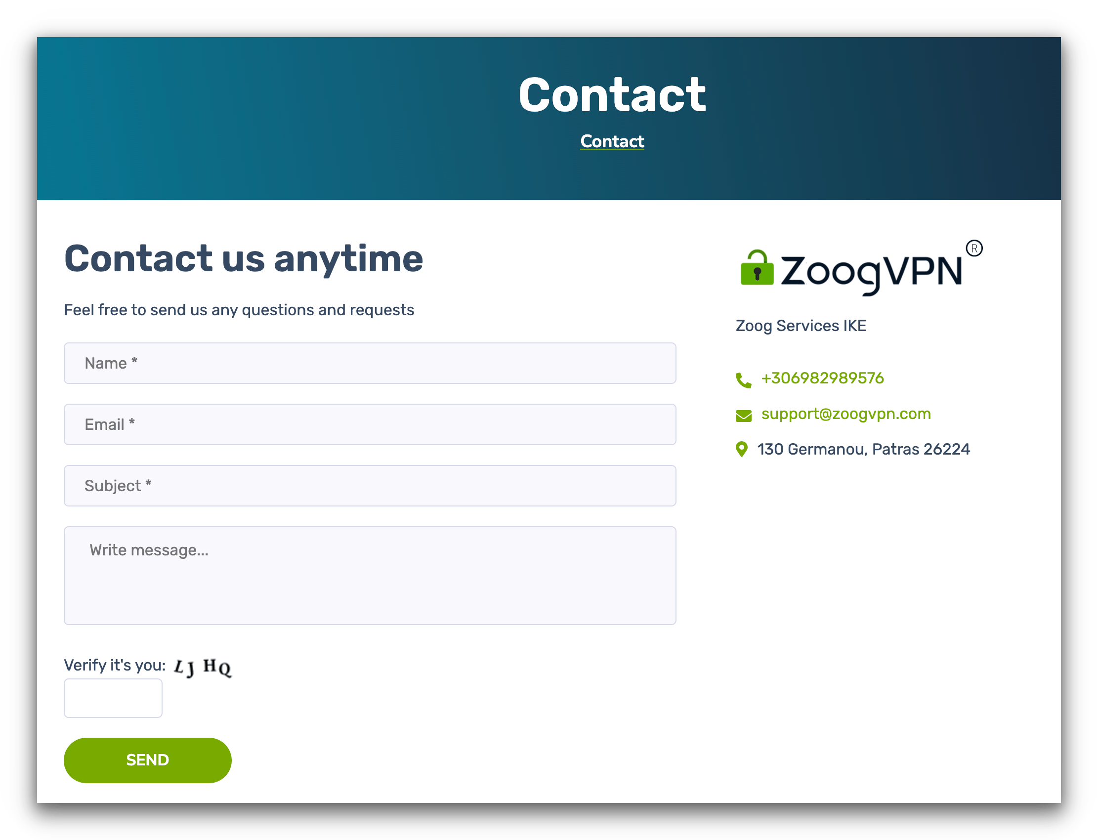 ZoogVPN’s website contact page ZoogVPN’s website contact page