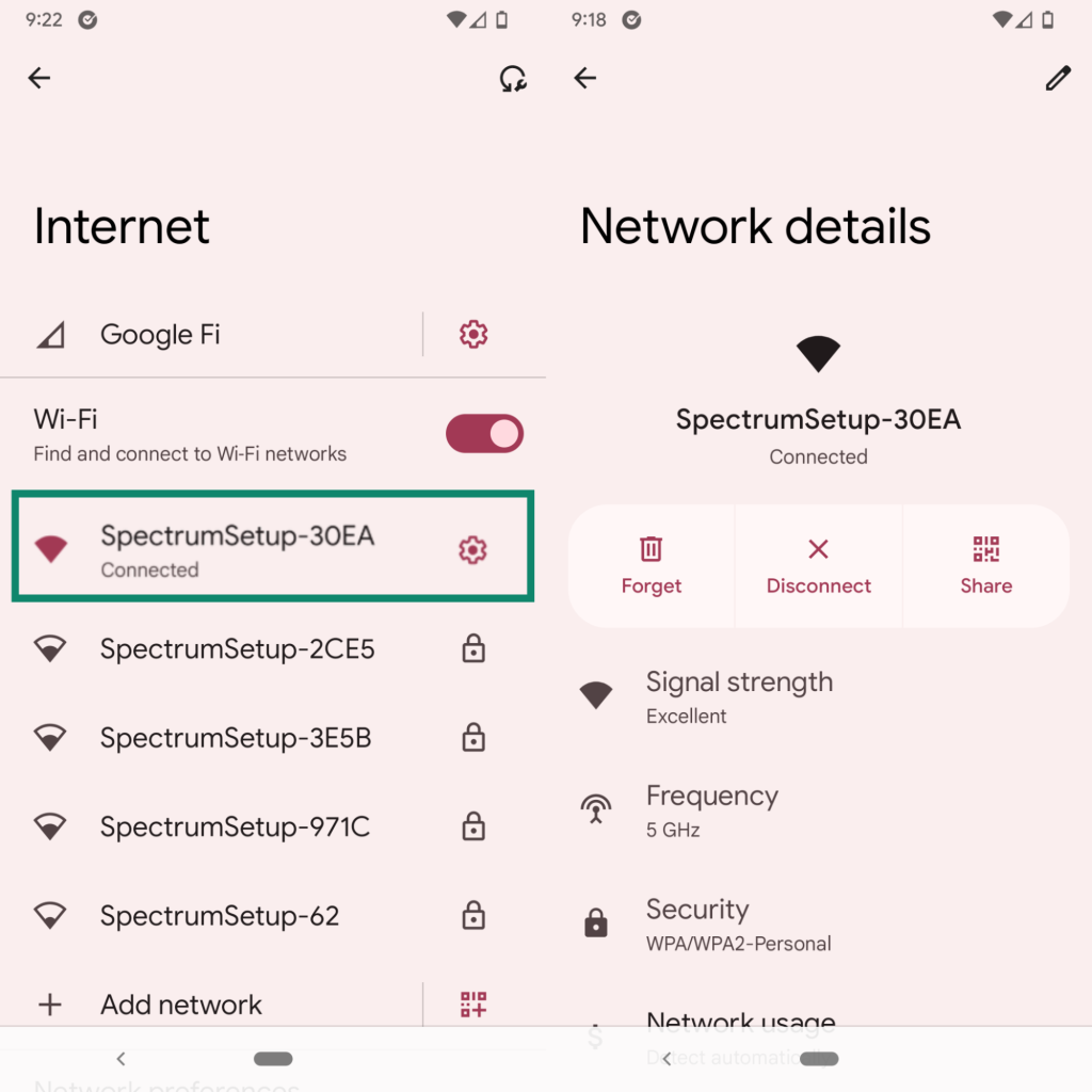 select your connected network